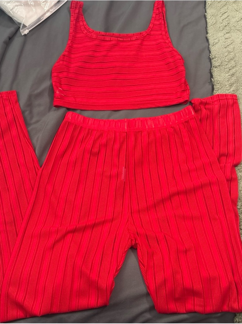 Red Ribbed Two-Piece Lounge Set - Tank Top & Pants